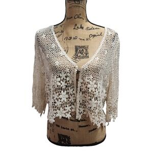 CHRISmCLaughlin Crochet Lace Kimono Cardigan Boho Festival Ivory XL